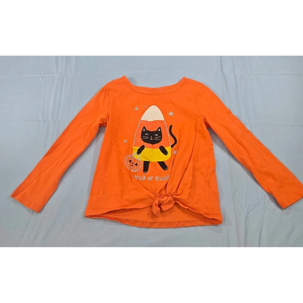 Carters Girls Orange Halloween Black Cat Candy Corn Tie Front Shirt 5T